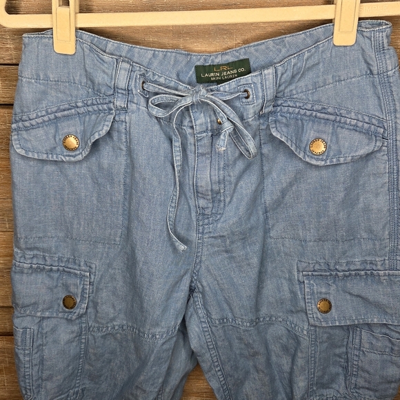 LRL Ralph Lauren Light Wash Chambray Cargo Drawstring Linen Blend Pants Size 6 - Picture 4 of 7